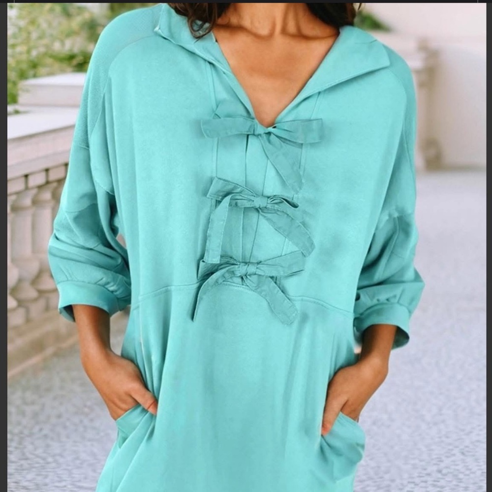 Teal Hooded Tunic with Bow Details